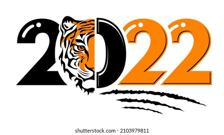 2022 Year of tiger, drawing tiger face black, orange and white lines, ragged claw marks and numbers 2022 for poster, brochure, banner, invitation card. Vector on transparent background.