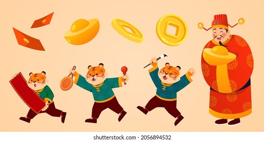 2022 Year of The Tiger elements. Spring Festival graphics pack including smiling God of wealth, three cute tigers in Chinese costumes, and fortunes symbols