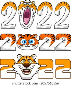 The 2022 Year Of The Tiger With Face Cartoon Characters. Vector Collection Set Isolated On White Background