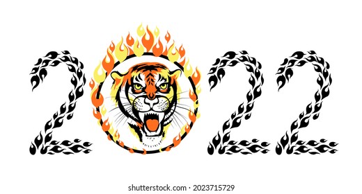 2022 Year. Tiger Face through Flaming Hoop. Predator jump through ring of fire. Sketch. Vector illustration.