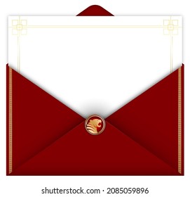2022 year of Tiger, greeting card in red envelope for Chinese new year. Free space for text. Copy space. Realistic vector on white background