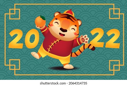 2022 year of the tiger. Happy Chinese new year banner with cute cartoon tiger with tangerine symbol of prosperity. Festive greeting card for celebration