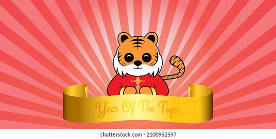 2022 Year of The Tiger. Happy Chinese New Year with tiger character and golden ribbon