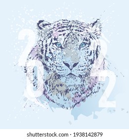 2022 year. Tiger head, contour graphics on an abstract background of imitation of a watercolor texture. Vector illustration.