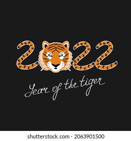 2022 Year of the tiger logo. Symbol of Chinese New Year. Water tiger. Hand drawn vector sign on black