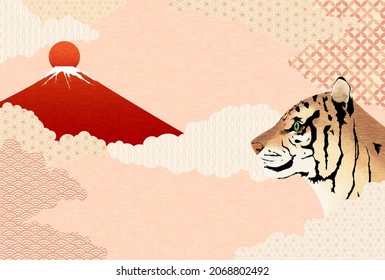 2022 Year of the Tiger New Year greeting card, red Fuji and tiger, Japanese patterned sea of clouds background