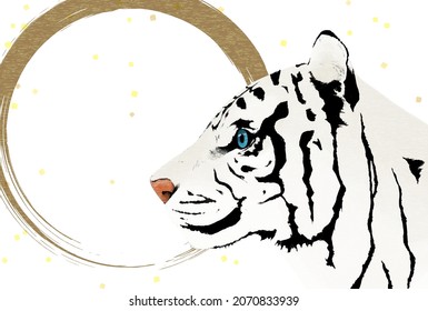 2022 Year of the Tiger New Year greeting card, white tiger profile and white background