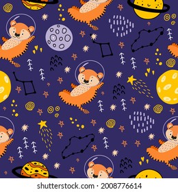 2022 -Year of the Tiger. Seamless pattern with planets, tigers, constellations, the moon, and stars for decorating children's fabrics, clothing, and rooms. A tiger in space