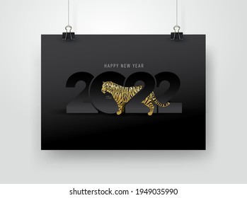 2022 year of the Tiger typography concept design. 2022 New Year icon design template. 2022 Happy New Year text symbols. Chinese zodiac tiger year. Vector illustration. Black poster on white background