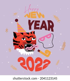 2022 Año del tigre. Dibujo vectorial del año nuevo para afiche, fondo o tarjeta. Chino con estilo moderno en segundo plano elementos asiáticos corte de papel