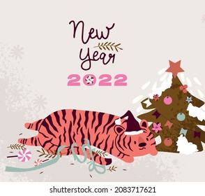 2022 Year of the tiger. Vector cartoon illustration of the new year for poster, background or card. Flat drawing for the year of the tiger according to the Eastern Chinese calendar with skin pattern 