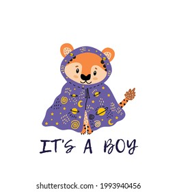 2022 is the year of the tiger. Vector isolated illustration of a wild animal-a tiger in children's clothing with stars and planets. Baby print for newborn boys. Flat doodle style. Cartoon character