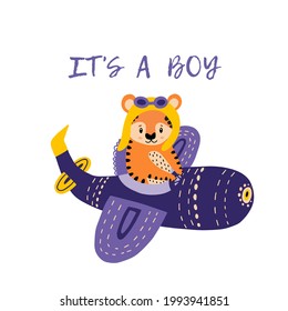 2022 ist das Jahr des Tigers. Vektorgrafik einzeln mit einem wilden Tier-a-Tiger in einem Hubschrauber. Babyausdruck für Neugeborene. Doodle-Stil. Cartoon-Zeichen