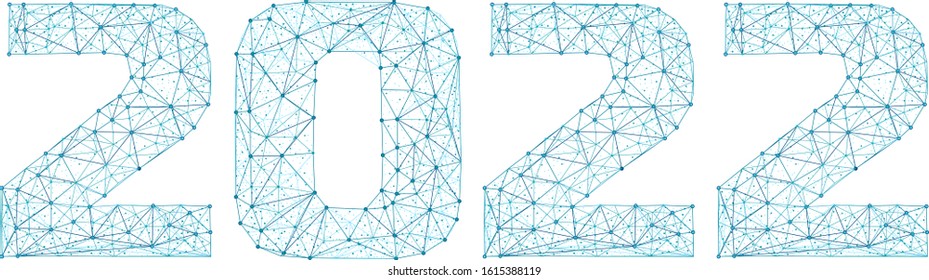 2022 year triangle 3d digital web banner with futuristic numbers isolated on white background. Abstract vector polygonal wireframe consisting of dots, points and lines with texture of space starry sky