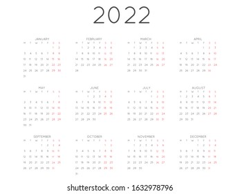 2022 Year Vector Calendar Minimal Style. Week starts on Monday. Calendar layout template. Stationery  organizer reminder planner on 2022 year horizontal orientation. Vector Illustration