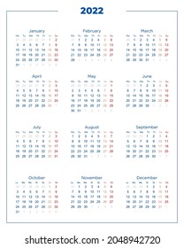 Calendario vectorial de 2022 en blanco, en inglés.