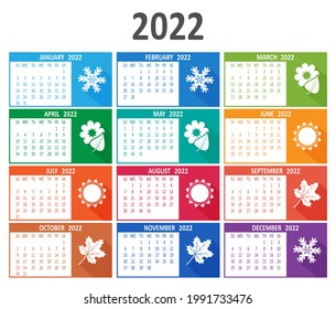 2022 year vector calendar. Week starts on Sunday template. Abstract illustration