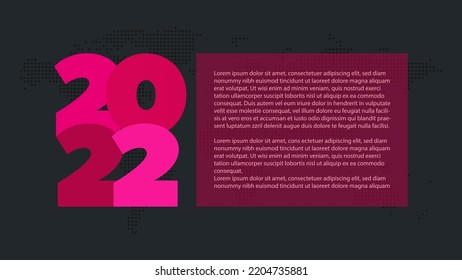 2022 year vector icon. Pink symbol with sample text. World map background. Element for business, web design, infographic, event, page