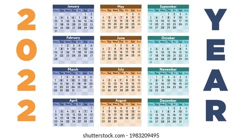 2022 year Vector illustration isolated on white background Set of annual calendar template on colorful mesh background isolated on white backdrop