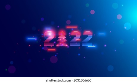 2022 year vision logo on blue background with neon lamps, christmas tree. Tech cyberpunk style digits 20 22. New year card in digital retro 80th or 90s design. Xmas computer number 2022 for banner.