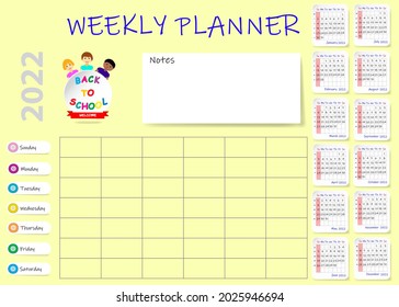 2022 year weekly planner with blank calendar and notes or 2022 year. on yellow background. Week starts on Sunday. 