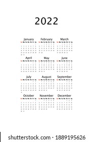 2022 Yearly calendar, vertical A4 format, week starts Sunday. Annual calendar template for business office. Small letter size wall calendar. Clean spacious annual planner with wide blank frame