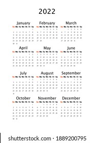 2022 Yearly calendar, vertical A4 format, week starts Sunday. Annual calendar template for business office. Small letter size wall calendar. Classic annual planner on white background