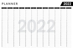 2022 Yearly Planner. Horizontal Wall Calendar Design Template. Annual Worldwide Printable Wall Planner, Diary, Activity Template - With Dates, Days Of The Month And Space For Personal Notes. - Vector