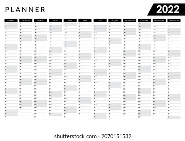 2022 Yearly planner. Horizontal Wall calendar design template. Annual worldwide printable wall planner, diary with holidays, dates, days of the month and space for personal notes. - Vector