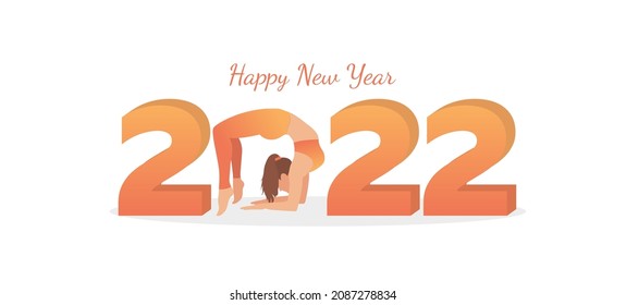 2022 Yoga poses number. Vector banner. Girl practising yoga in wheel pose variation isolated