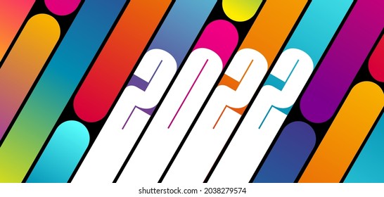 2022  Banner poster consisting modern slanted graphic and the numbers the new year in white multi  colored fluorescent gradient background 