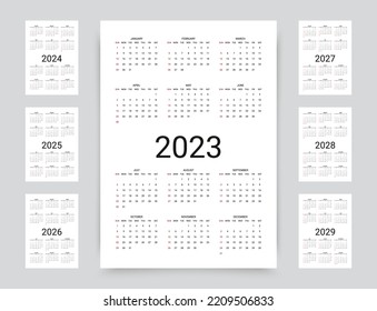 2023, 2024, 2025, 2026, 2027, 2028, 2029 years calendar. Week starts Sunday. Simple calender layout. Desk planner template with 12 months. Yearly diary. Organizer in English. Vector illustration. svg