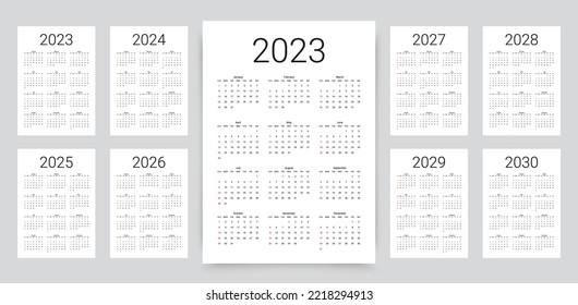 2023, 2024, 2025, 2026, 2027, 2028, 2029, 2030 years calendar. Week starts Sunday. Simple calender layout. Desk planner template with 12 months. Yearly diary. Organizer in English. Vector illustration svg