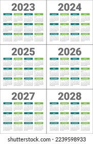 2023 2024 2025 2026 2027 2028 calendar year vector design template, simple and clean design svg