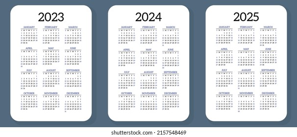 2023, 2024 and 2025 calendar set. Vector pocket calender design. Week starts on Sunday. January, February, March, April, May, June, July, August, September, October, November, December