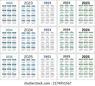 2023, 2024 and 2025 calendar set. Color vector pocket calender design. Week starts on Sunday. January, February, March, April, May, June, July, August, September, October, November, December