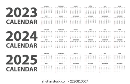 ilustración vectorial de calendario 2023, 2024, 2025. Calendario clásico simple mensual para los años 2023, 2024, 2025. La semana empieza el domingo. Plantilla de planificación de calendario minimalista para 2023 y 2024 y 2025