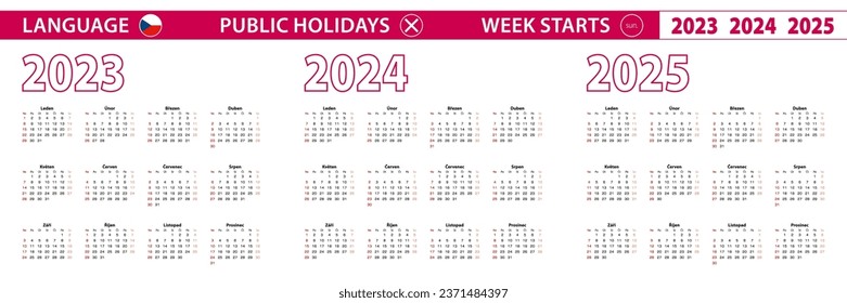 2023, 2024, 2025 year vector calendar in Czech language, week starts on Sunday. Vector calendar.