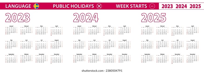 2023, 2024, 2025 year vector calendar in Swedish language, week starts on Sunday. Vector calendar.