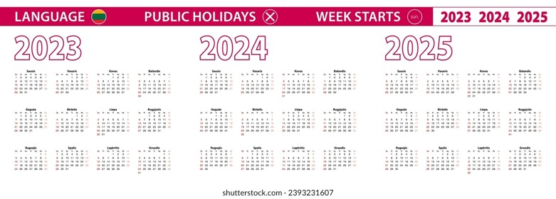 2023, 2024, 2025 Jahre Vektordalender in litauischer Sprache, Woche beginnt am Sonntag. Vektorkalender.