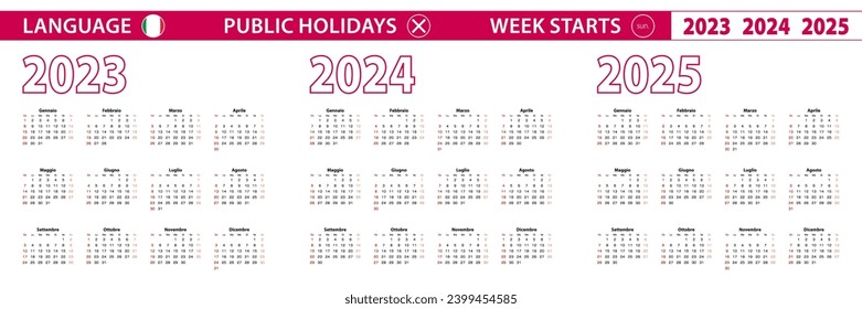 2023, 2024, 2025 year vector calendar in Italian language, week starts on Sunday. Vector calendar.