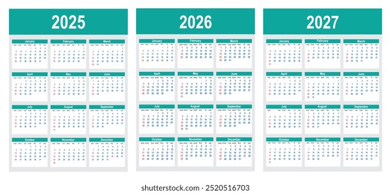 Calendário anual de 2023, 2024 e 2025. A semana começa na segunda-feira. Layout de calendário simples. Modelo de planejador de mesa com 12 meses. Diário anual. Organizador em inglês. Formatos de bolso ou de parede. Ilustração vetorial.