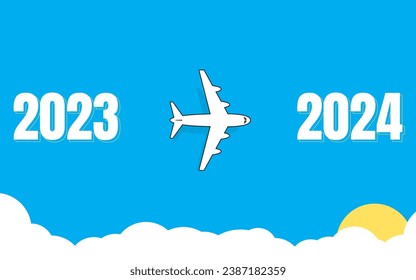 2023 to 2024 airplane route on background. Travel from the start point along the dotted line. business idea and travel concepts, New year trends 2024, Vector illustration.