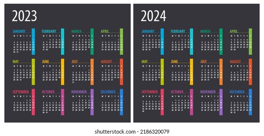 2023, 2024 Calendar - illustration. Template. Mock up Week starts Sunday