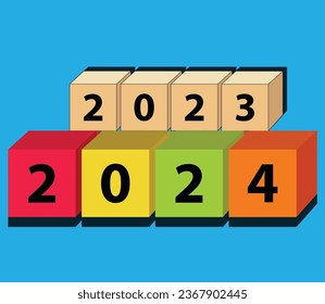 2023 and 2024 coming colorful cube 2024 vector illustration. and blue background