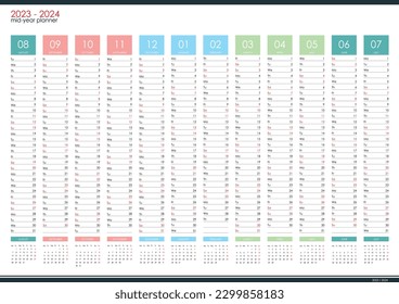 2023 - 2024 mid year wall planner. Academic year.  Organizer, yearly planner template. svg