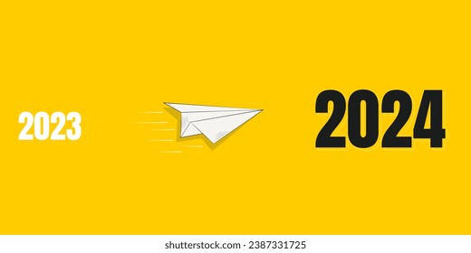 2023 to 2024 Paper plane on yellow background. Business idea and planner concepts, Marketing vision in 2024, New year trends, Vector illustration.