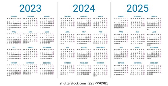 2023 to 2025 years calendar design template, week starts on Sunday. Simple year wall calendar mockup, corporate design planner template vector illustration