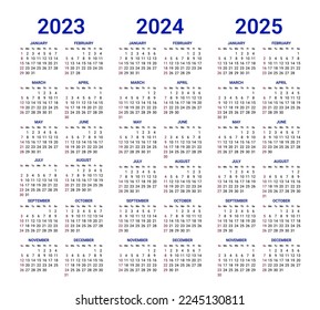 2023 to 2025 years calendar mockup design, week starts on Sunday. Simple year wall calendar template, corporate design planner template vector illustration