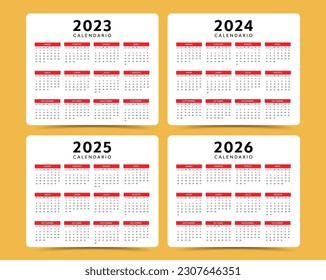 2023 to 2026 Spanish annual calendar layout vector